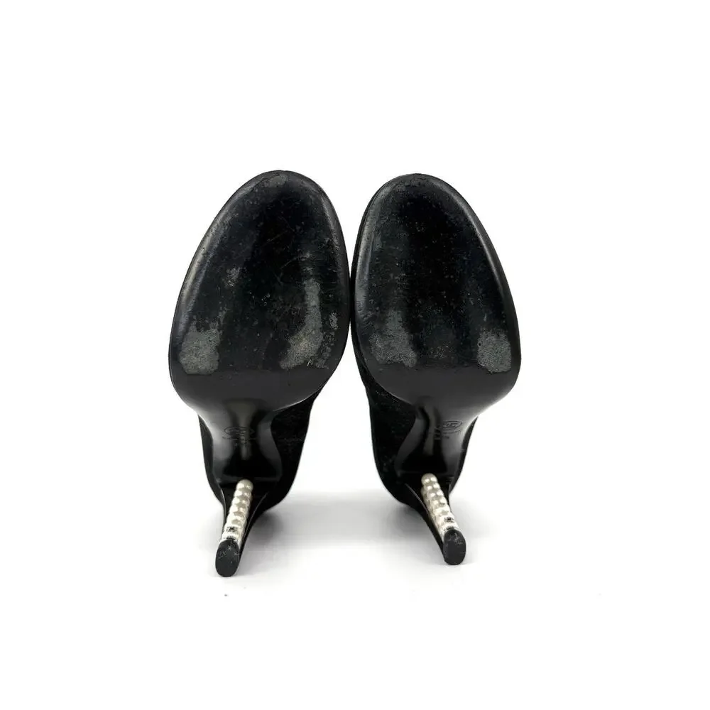 Chanel Pearls Heel Ankle Boot Velvety Black Leather Lace Up EU 39.5 US 9.5